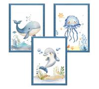 Zamety 3 Pcs Affiche Chambre Bebe, Animaux Marins Poster Mural, 21x30cm | Affiche Decoration Murale, Poster Decoration Chambre Bebe A4, Baleines, Méduses, Dauphins Affiche Murale Enfant, Sans Cadre