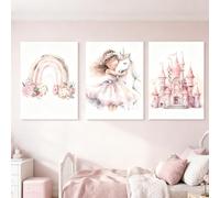 Zamety Affiche Decoration Murale Fille, 3 PCS Decoration Chambre Bebe Affiches, A4 Licorne Princesse Arc-en-ciel et le Château, Rose Tableau Chambre Enfant Poster, Sans Cadre