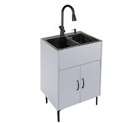 ZBJDX Évier Buanderie avec Meuble, Évier Cuisine en Acier Inoxydable Autonome, Panier Égouttoir et Robinet Pulvérisateur Extractible, Bac Lavage pour Buanderie Salle Bain,Blanc,24in