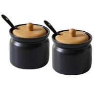 Zbozzba Ensemble de 2 Pots À Épices en Céramique, Récipients de Rangement, Salière, Sucrier avec Cuillère et Couvercle en Bambou, pour la Cuisine, la Salle À Manger, le Café, 180 Ml (Noir)