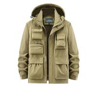 ZDJSWJ Veste imperméable Winter work pour homme Veste légère cargo Multi-poches Softshell manteau à capuche extérieur coupe-vent (Couleur Kaki,XXL)