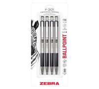 Zebra Pen F-301 Lot de 4 stylos à bille rétractables, corps en acier inoxydable, pointe fine, 0,7 mm, encre noire (l'emballage peut varier)