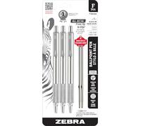 Zebra Pen F-701 Lot de 3 stylos à bille rétractables, pointe fine de 0,8 mm, corps en acier inoxydable, idéal pour les cadeaux des enseignants, fournitures scolaires et fournitures de bureau, encre