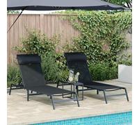 Zeehear Lot de 3 chaises longues pour 2 personnes, noir, anthracite, acier avec appuie-tête réglables et table pour jardin, terrasse, piscine, extérieur, camping, pour se détendre