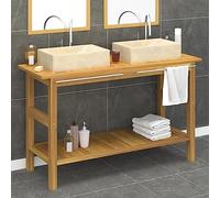 Zeehear Meuble de salle de bain double vasque robuste en teck massif avec bac en marbre crème, 132 cm, avec 2 lavabos, barre pour serviettes, meuble de salle de bain