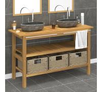 Zeehear Meuble sous lavabo en teck massif avec 2 lavabos en pierre de rivière, 3 paniers en jonc de mer, barre porte-serviettes, meuble de salle de bain pour lavabo de salle de bain