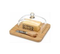 Zeltrivonex Beurrier en Verre avec Couteau, Cloche à Fromage Ronde 19,6x19cm avec Plateau en Bambou pour Frigo