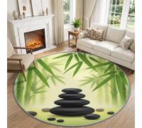 Zen Cailloux Plantes Tapis Salon 90 cm Rond Rug, Jaune Vert | Plantes Bambou ÉléganceDoux Antidérapant à Poil Ras Tapis, Tapis Chambre Adulte Salle a Manger, Interieur Poil Ras Carpet
