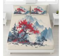 Zen Paysage Montagneux Drap Housse 160 x 200 cm Bonnets 30 cm, Ensemble de Literie Encre Chinoise Montagne Fleur Rouge, Draps de Lit pour Enfants Adultes, Housse de Matelas Anti-Froissement