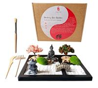 Zen&TAO Kit de jardin japonais, plateau noir avec arbres, mousses, statue de bouddha, pont, pierres, kit d'outils de sable, améliorations 2024, méditation, relaxation, cadeaux