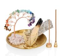 ZenBless Palo Santo Porte-encens en Cristal 7 Chakras - Brûleur de Sauge de 14 cm - Attrape-Cendres en Laiton - pour bâtons d'encens, Bobine d'encens, cônes d'encens, Yoga, méditation, décoration