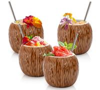 ZENFUN Lot de 4 tasses Tiki en céramique, 500 ml, tasses en noix de coco, tasses de fête hawaïenne, verres à cocktail pour cadeaux, tasses Tiki pour Mai Tai, Pina Colada, Tiki Bar professionnel