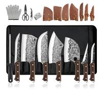 ZENG Set de Couteaux de Cuisine 14 Pièces avec Malette, Couteau Boucher, Hachoir, Filet, Lames Acier Inoxydable Revêtement Anti-Adhésif, Manche Bois, Pour Cuisine et Camping