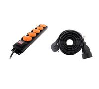 Zenitech Bloc étanche IP44 5 Prises 16A 2P+T avec clapets et Interrupteur Câble HO5RRF 3G1 de 1,5m & Prolongateur 16A 2P+T HO5VV-F 3G1,5mm² Noir 5m