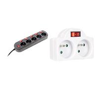 Zenitech Bloc Sono 5 Prises 16A 2P+T + 6 commutateurs à câble HO5VV-F 3G1.5mm² 3m & Electraline 531192 Adapteur Fiche Multiprise Biplite avec Interrupteur 2 Prise 16A, Blanc