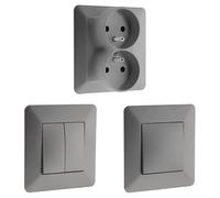 Zenitech - Double Prise 2P+T Monoposte + Interrupteur va et Vient Double + Bouton Poussoir - Titanium - Artezo