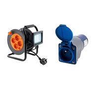 Zenitech Enrouleur électrique 4 prises 16A 2P+T avec projecteur LED 10W câble HO5VV F 3G1 15m avec guide câble & Adaptateur compact sans câble Femelle 16A 2P+T en Mâle CEE17 pour CAMPING, NAUTISME…