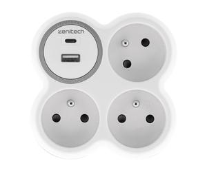 Zenitech Multiprise murale Bloc de 3 prises secteur + 1 prise Chargeur USB-A + 1 USB-C BOLEA - Triplite 16A blanche