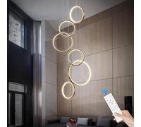 ZenithBeam Lustre Modern Led Villa Escalier Grande Suspension Luminaire Haut Plafond Dimmable Lampe Suspendue MéTal AdaptéE Au Foyer De L'HôTel Salon En 6 Anneaux D'éClairage Doré