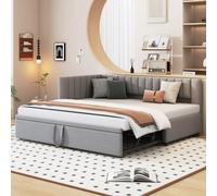 Zenithpath Lit rembourré 90 x 200 cm avec lit gigogne, gris clair | Canapé-lit avec tête de lit en forme de L, lit double 180 x 200 cm, lit de jour avec sommier à lattes, tissu velours