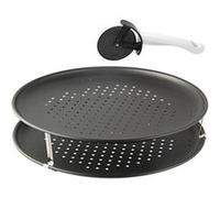 Zenker 7512 Set de 2 plaques à pizza perforée et une roulette à pizza, plaque a pizza, plaque cuisson pizza surgelée, plat pizza, plaque de cuisson perforée, Acier, Nylon, 32 cm