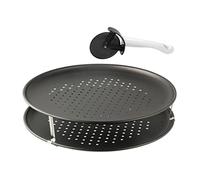 Zenker 7512 Set de 2 plaques à pizza perforée et une roulette à pizza, plaque a pizza, plaque cuisson pizza surgelée, plat pizza, plaque de cuisson perforée, Acier, Nylon, 32 cm