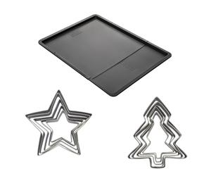 Zenker 9987550 Ensemble plaque à pâtisserie extensible avec 5 emporte-pièces étoiles et 5 emporte-pièces sapins, biscuits de Noël, sapin, étoiles, Acier Inoxydable, Noir, Inox, De 9,5 à 52 cm