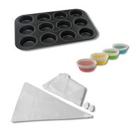 Zenker Kit pâtisserie muffins avec plaque, caissettes et poche à douille | 12 empreintes pour cuire en série, 100 moules papier et 20 poches à douilles, Format 38,5 cm, Zenker Smart Pastry, Acier