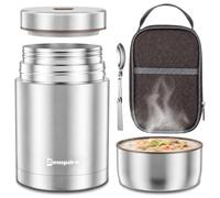 Zenquira Boite Repas Isotherme 800 ml, Boite Isotherme Repas Chaud en 316 Acier Inoxydable, Gamelle Isotherme pour Repas Chaud avec Cuillère et Sac Isotherme, 12 H Chaud et Froid, Argent