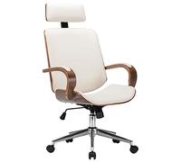 Zentexion Chaise de bureau pivotante avec appui-tête ergonomique réglable en hauteur en cuir synthétique crème, cadre en bois de buste, roulettes pour bureau à domicile, bureau et salle de conférence
