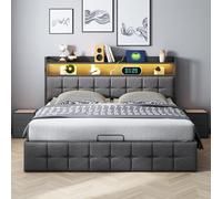 ZENTH Lit Coffre 140x190 avec Sommier, lit capitonné avec Espace de Rangement, Lit Double rembourré 140x190 cm avec Éclairage LED et Fonction de Charge USB, Lits Adolescent,Lin(Gris, 140x190)