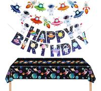 ZenyTra Kit de décoration d'anniversaire spatial - Nappe astronaute 130 x 220 cm, bannière de fusée et guirlande Happy Birthday, décoration spatiale pour anniversaire d'enfant, fête à thème garçon