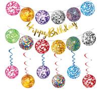 ZenyTra Kit de décoration de fête - 37 pièces - Boule disco colorée avec bannière d'anniversaire en aluminium doré - Décoration de fête néon des années 70 avec spirale et guirlande - Pour anniversaire