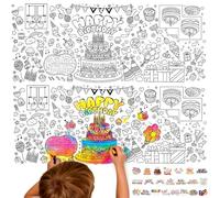 ZenyTra Kit de peinture d'anniversaire pour enfants - Nappe géante 183 x 76 cm à colorier (motif gâteau) + 25 autocollants de fête amusants - Kit de bricolage pour anniversaire d'enfant, école et