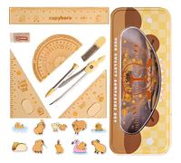 ZenyTra Lot de 8 pièces de géométrie avec boîte de rangement et 10 autocollants Capybara - Kit compas et règle pour l'école secondaire, dessin précis
