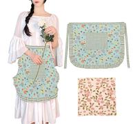 ZenyTra Lot de demi-tabliers pour femme - Tablier bleu à fleurs avec serviette assortie (30 x 30 cm) - Tablier de cuisine réglable pour le jardin, la peinture, la pâtisserie - Avec sac et 55 x 67 cm