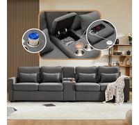 Zepneiy Canapé 4 Places Moderne en Lin Gris Foncé avec Console et 2 Ports USB, 4 Coussins, Poches pour Accoudoirs, Support lombaire, 290x83x88cm