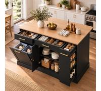 Zepneiy ilot Central Cuisine avec Compartiment pour Poubelle et 3 tiroirs,Table à Manger avec étagère latérale coulissante et Rangement,Noir