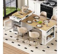 Zepneiy ilot Central Cuisine avec roulettes, Table a Manger Extensible avec Plateau Amovible, Table de Bar avec multiprises Sert Buffet et Salle à Manger (Blanc et Naturel)