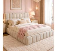 Zepneiy Lit 140x190 cm avec sommier à Lattes, Lit Double Moderne avec Dossier Moelleux, Lit capitonné 140x190, Tissu de Velours, Beige (Matelas Non Inclus)