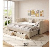 Zepneiy Lit 90x190 avec 2 tiroirs Rangement et Port USB, Canapé lit Extensible jusqu'à 180cm, Méridienne Chenille Beige (sans Matelas)