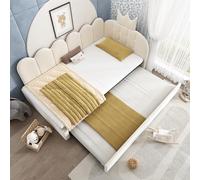 Zepneiy Lit 90x200 avec gigogne 90x190, Canapé lit en Forme de L avec sommier à Lattes, Lit Enfant Design Couronne et Grille pour Chambre d'enfant et Chambre d'amis, Velours Beige(sans Matelas)