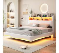 Zepneiy Lit capitonné 160×200 cm, Design Suspendu, avec éclairage LED et Interface de Recharge, lit Coffre Multifonction, Beige (Matelas Non Inclus)