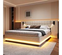 Zepneiy Lit Double 180x200 avec Bande Lumineuse LED Multicolore et USB, tête de lit avec Spot, Lit rembourré Cadre de lit en Lin Beige(sans Matelas)