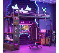 Zepneiy Lit Mezzanine 1 Place avec Bande Lumineuse LED et Port USB, Lit Superposé Enfant 90x200 avec Bureau et rangements, avec Plusieurs étagères et paroi perforée, Noir(sans Matelas)