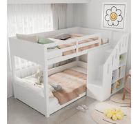 Zepneiy Lit Superposé Enfant 90x200 avec escalier et casiers, Lit Enfant Multifonctionnel avec Garde Corps Stable, 2 espaces de Couchage superposés, Blanc en Bois de pin (sans Matelas)