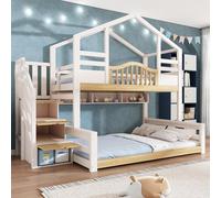 Zepneiy Lit Superposé Enfant avec escalier Placard et Rangement étagères, Lit Maison Enfant avec 90x200 Partie supérieure et 140x200 Partie inférieure, Blanc Aspect Bois Naturel (sans Matelas)