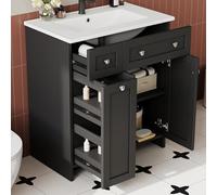 Zepneiy Meuble Salle de Bain sur Pied ave cvasque en céramique étanche et Finition laquée, Armoire Salle de Bain avec 8 tiroirs et coulisses silencieuses,Noir