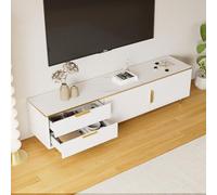 Zepneiy Meuble TV avec poignées et Pieds dorés, Plateau Bas sculpté et texturé, Dessus en marbre texturé, Blanc