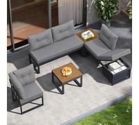 Zepneiy Salon de Jardin Exterieur 4 Personnes avec Dossier réglable en 3 Positions et Espace de Rangement, Canapé Salon d'angle avec Coussins épais pour Plein air Jardin Balcon, Gris Foncé